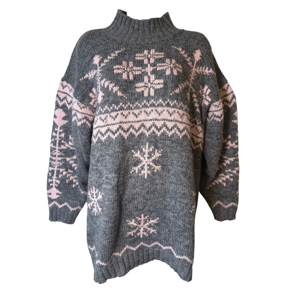 Vintage Best American Clothing Co. Gray Pink Wool Blend‎ Snowflake Sweater M Ski